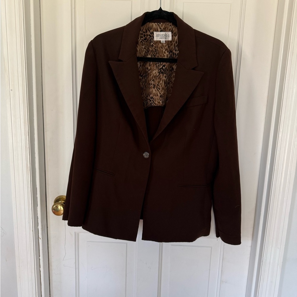Studio I Chocolate Brown Single-Button Blazer with Leopard Lining
